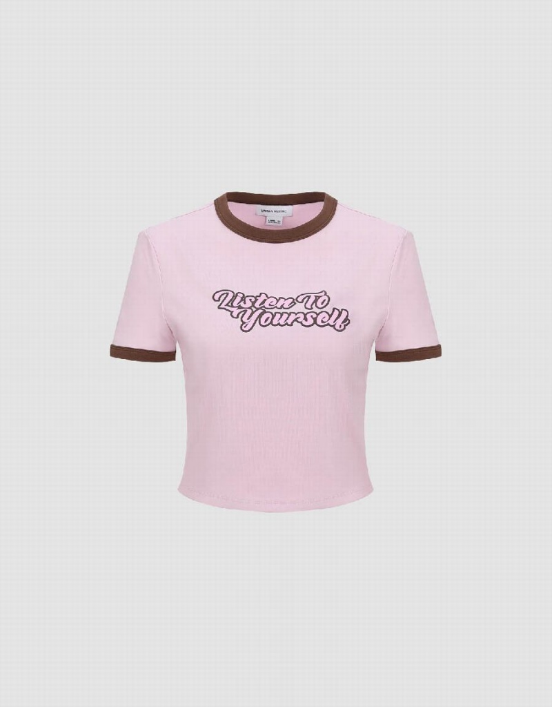 T Shirts Urban Revivo Letter Printed Crew Neck Regular Femme Rose | PPG589SB