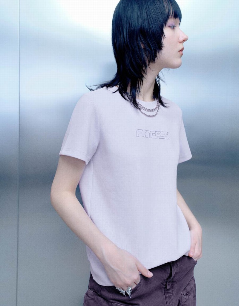 T Shirts Urban Revivo Letter Printed Crew Neck Mince Femme Violette | QAW53100MF
