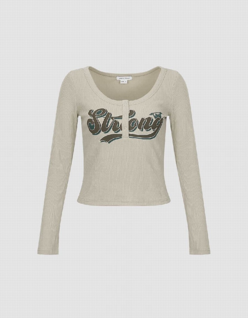 T Shirts Urban Revivo Letter Printed Crew Neck Mince Femme Kaki | WIE7731SG