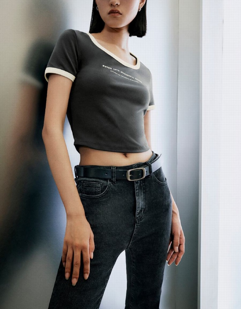 T Shirts Urban Revivo Letter Printed U Neck Femme Grise | WRT234ML