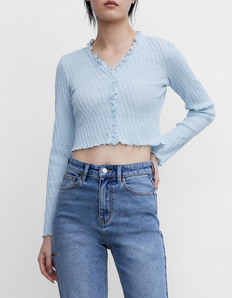 T Shirts Urban Revivo Lettuce Edge Textured Femme Bleu | CAK2045ZD