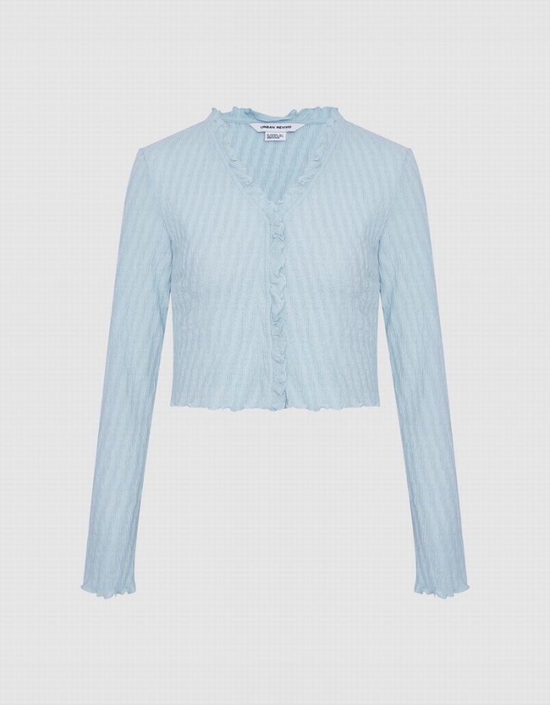 T Shirts Urban Revivo Lettuce Edge Textured Femme Bleu | CAK2045ZD