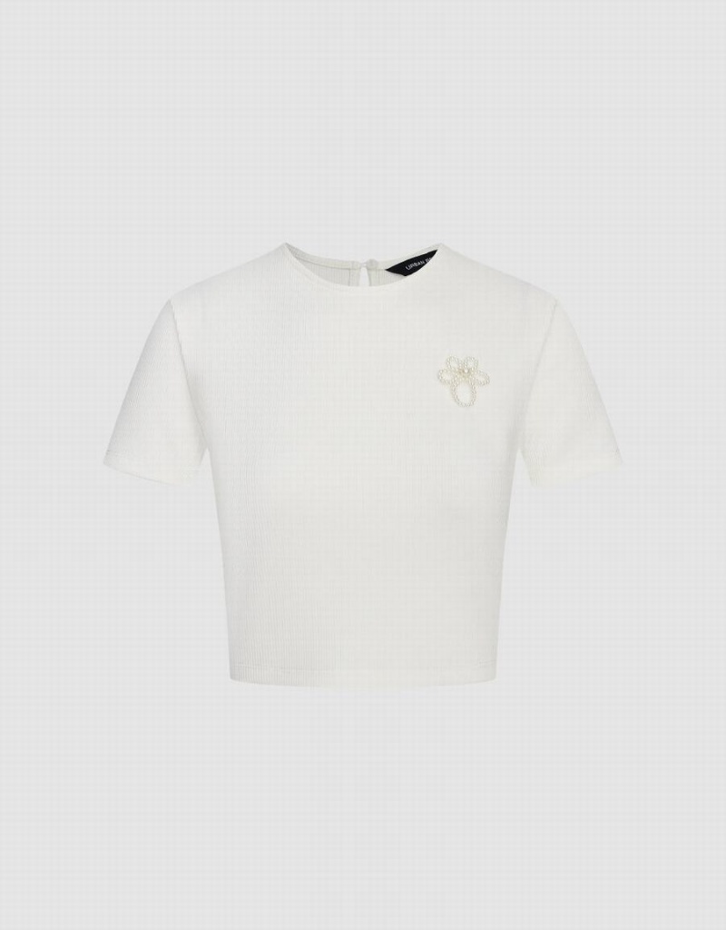 T Shirts Urban Revivo Paw Embroidered Crew Neck Mince Femme Blanche | CFI4096XD