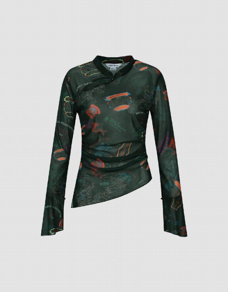T Shirts Urban Revivo Printed Band Collar Mince Femme Vert Multicolore | SFQ3896KD