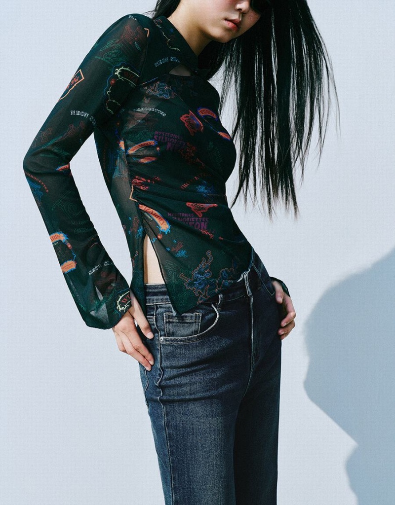 T Shirts Urban Revivo Printed Band Collar Mince Femme Vert Multicolore | SFQ3896KD