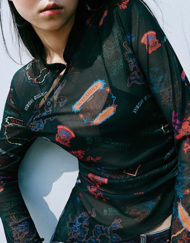 T Shirts Urban Revivo Printed Band Collar Mince Femme Vert Multicolore | SFQ3896KD