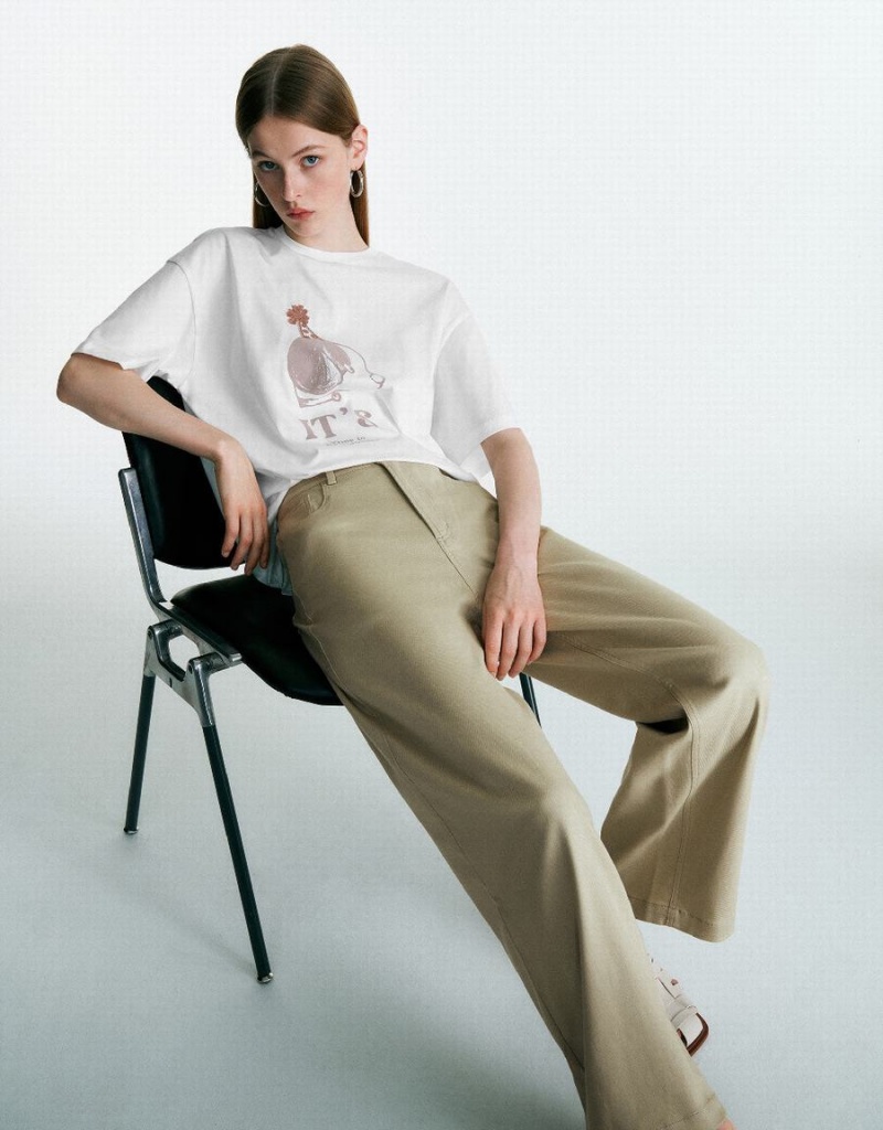 T Shirts Urban Revivo Printed Crew Neck Femme Blanche | RRW2189LS