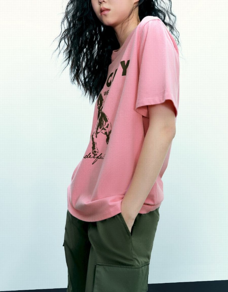 T Shirts Urban Revivo Printed Crew Neck Droit Femme Rose | CUS787BI