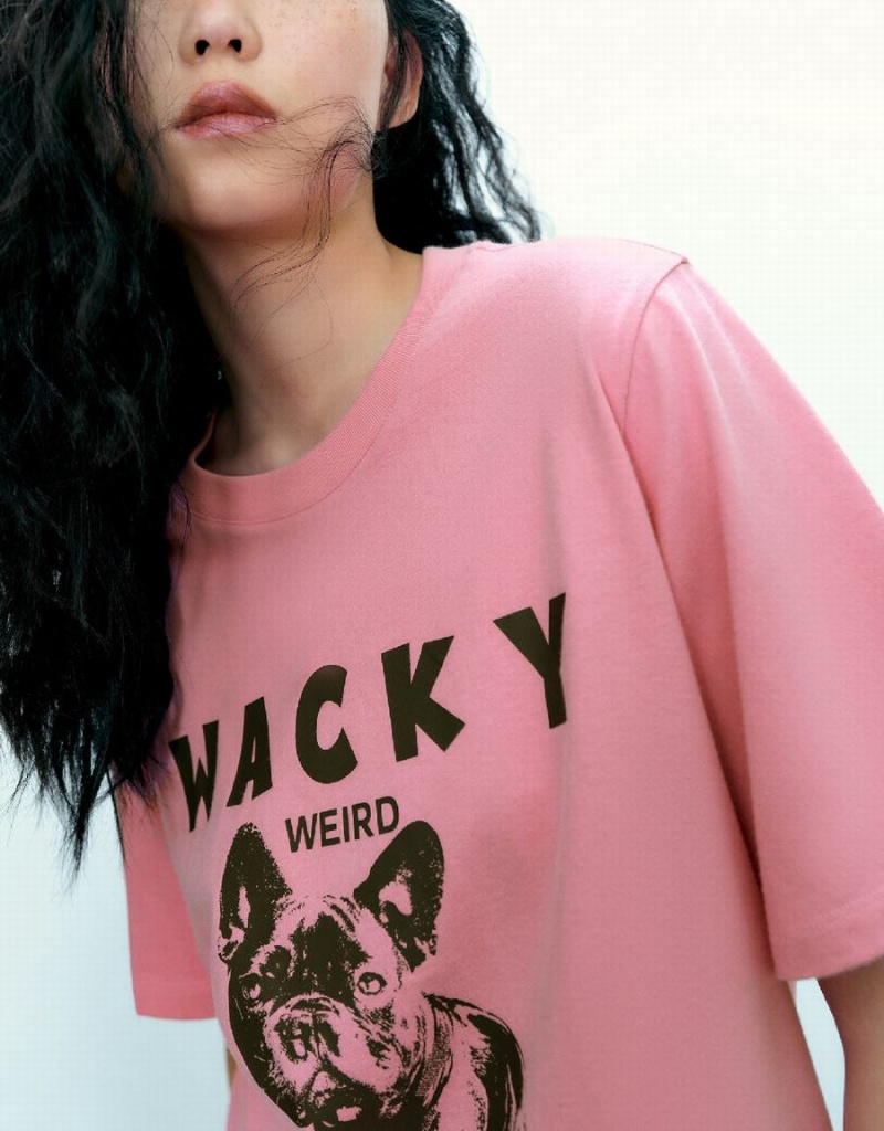 T Shirts Urban Revivo Printed Crew Neck Droit Femme Rose | CUS787BI