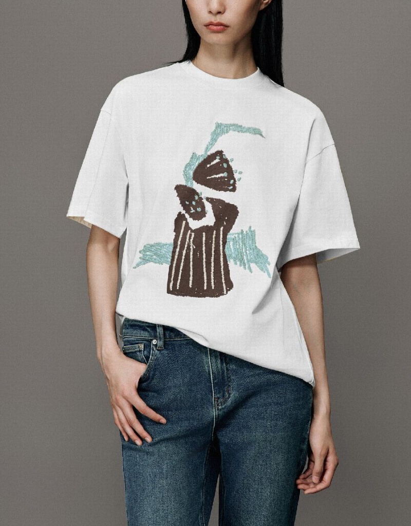 T Shirts Urban Revivo Printed Crew Neck Droit Femme Blanche | TGG8063FM