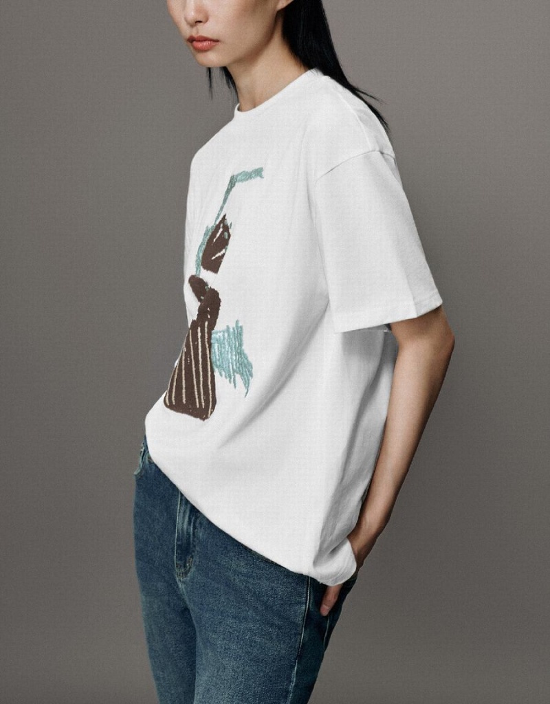 T Shirts Urban Revivo Printed Crew Neck Droit Femme Blanche | TGG8063FM