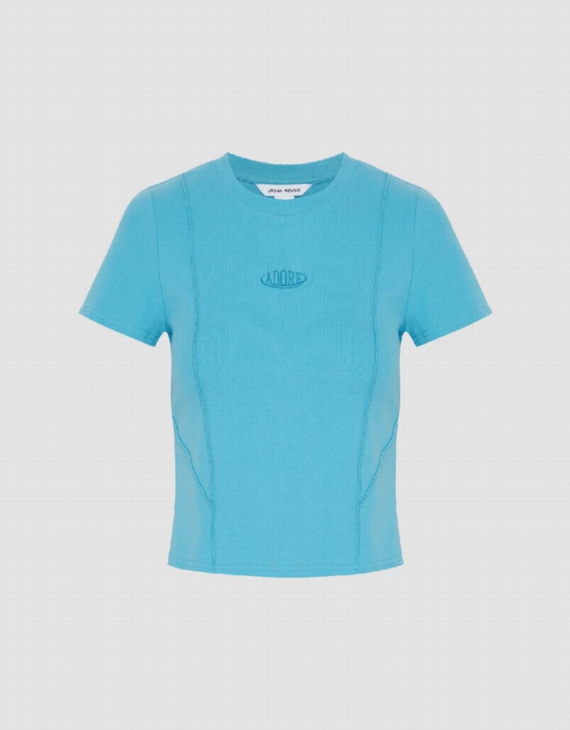 T Shirts Urban Revivo Printed Crew Neck Mince Femme Bleu | QPO5789CK