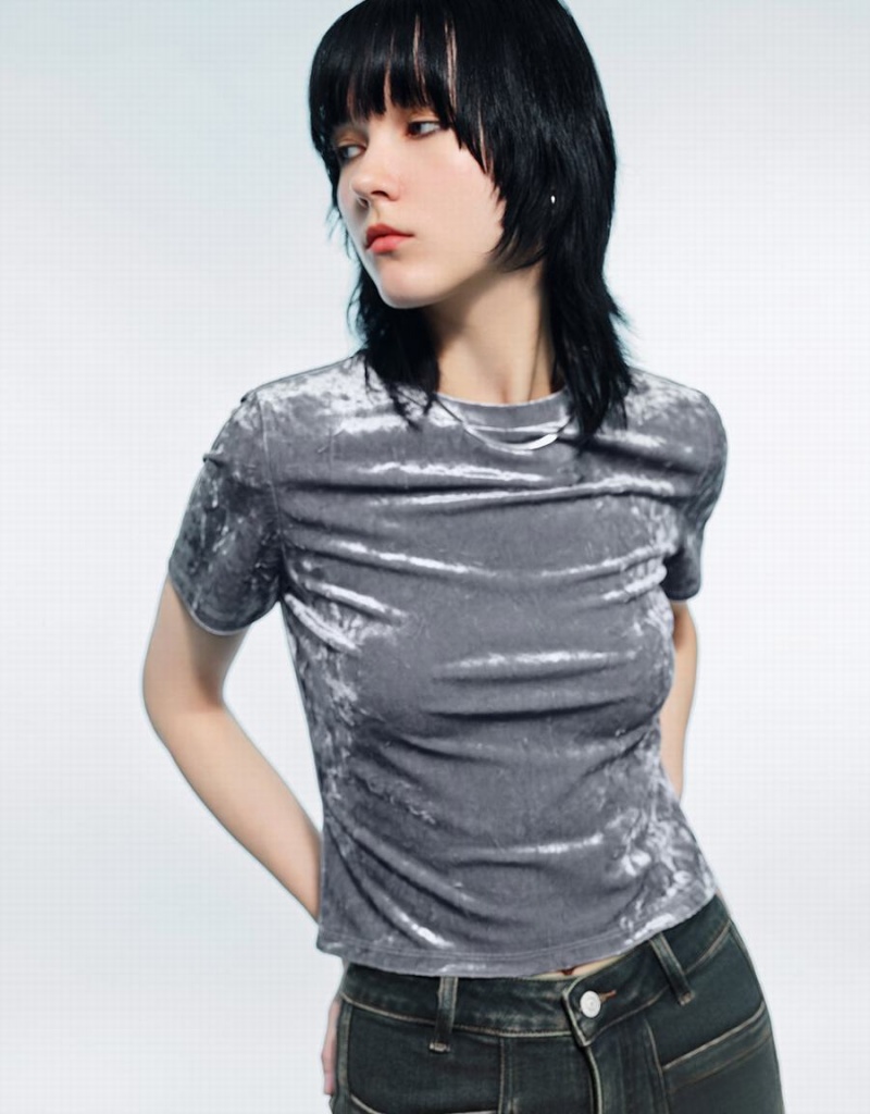 T Shirts Urban Revivo Printed Crew Neck Mince Femme Grise Clair | RQD1442ML