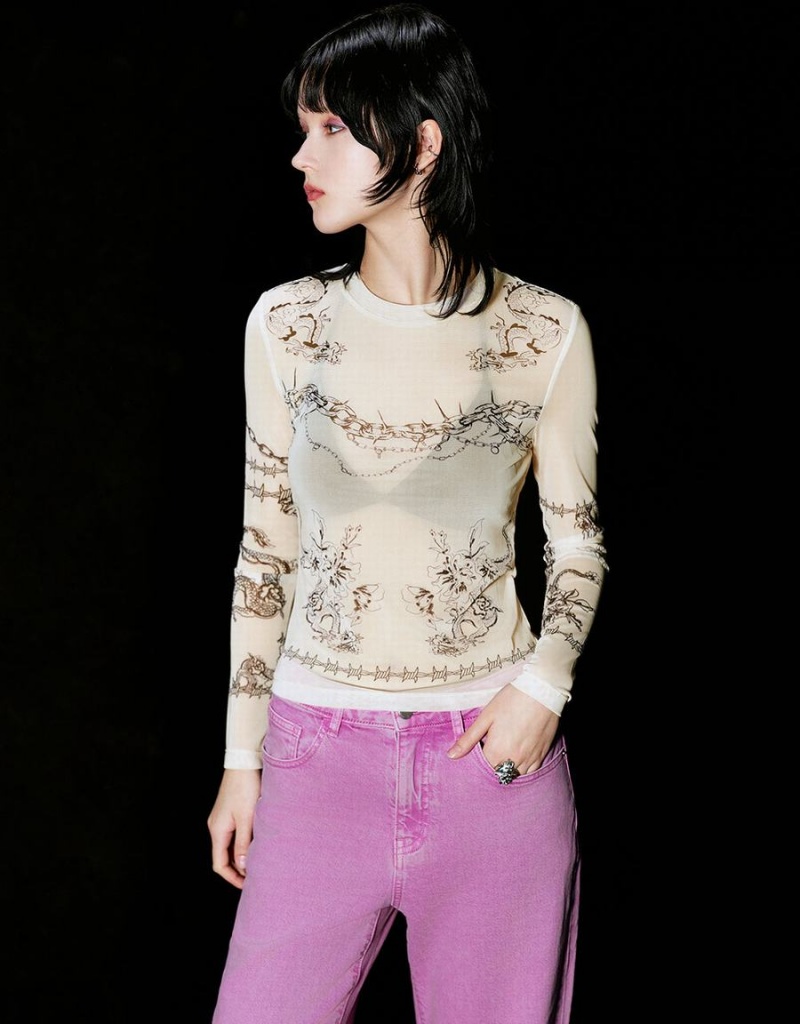 T Shirts Urban Revivo Printed Crew Neck Mince Femme Blanche | SUB542HX