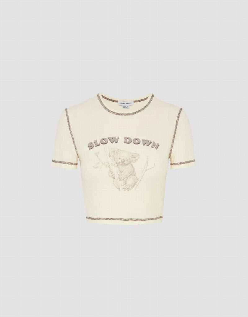T Shirts Urban Revivo Printed Crew Neck Mince Femme Rose Blanche | WBP6447EX