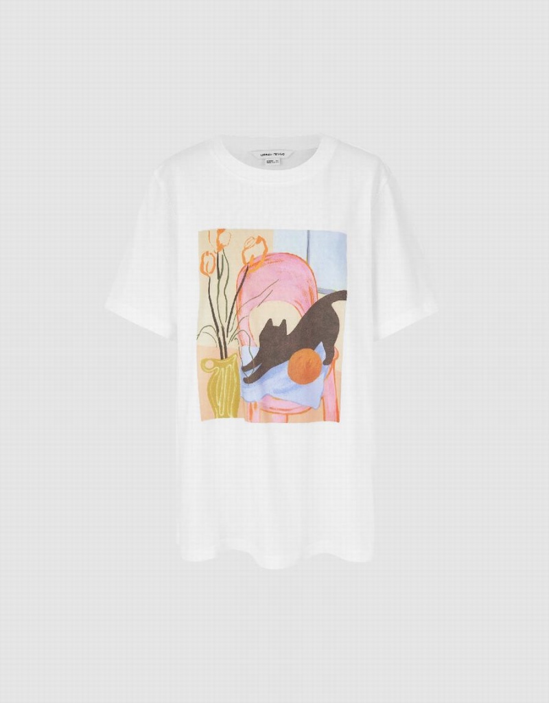 T Shirts Urban Revivo Printed Crew Neck Loose Femme Blanche | IUD8239QK