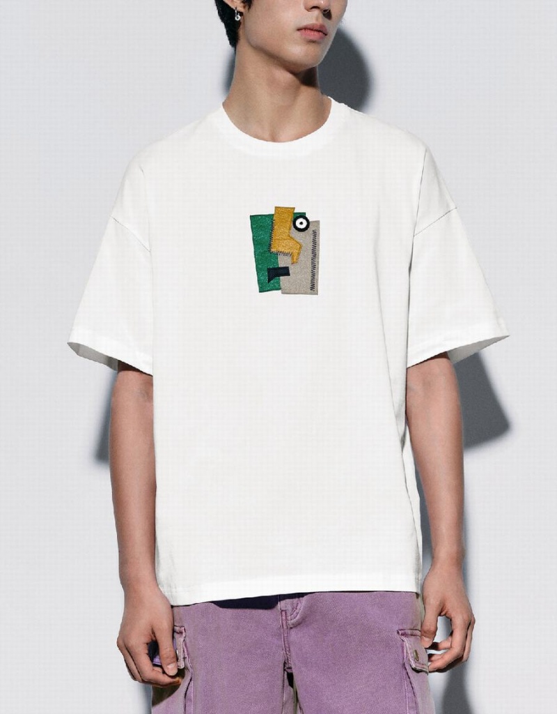 T Shirts Urban Revivo Printed Crew Neck Homme Blanche | XYA5981JD