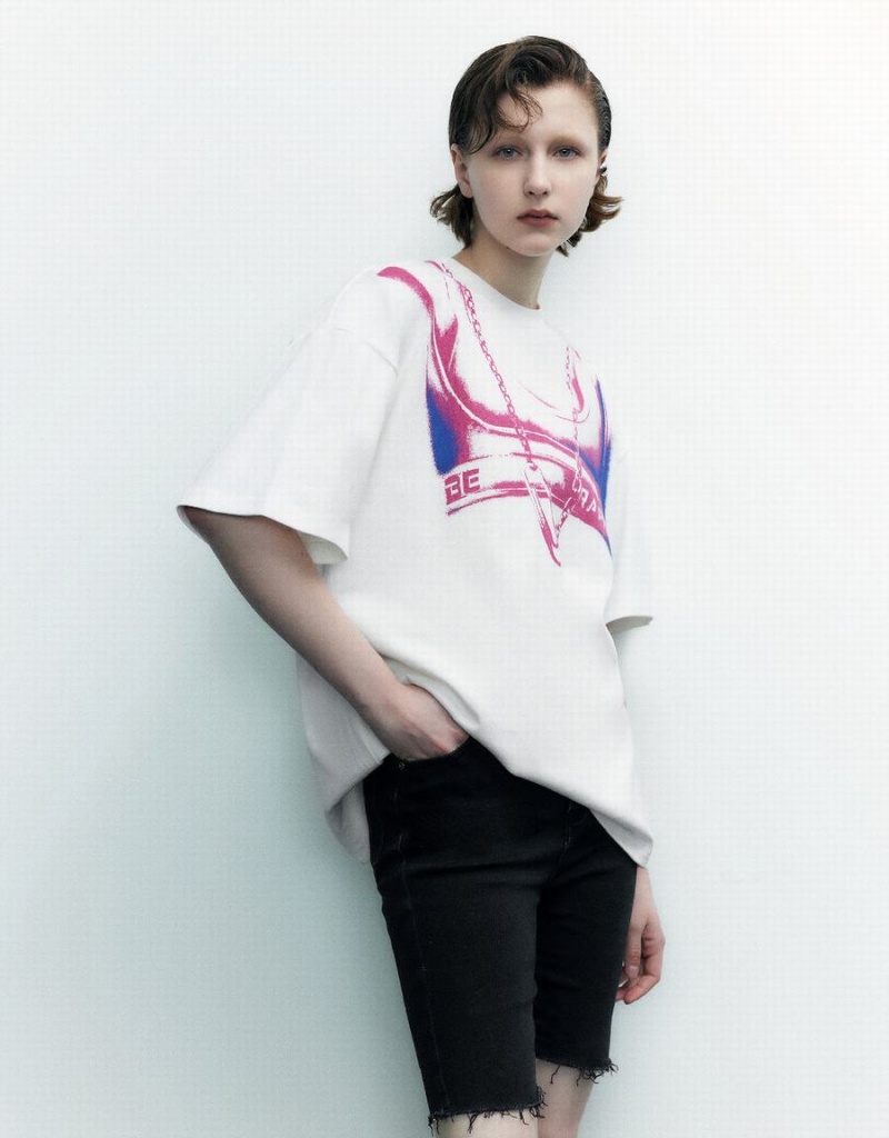 T Shirts Urban Revivo Printed Crew Neck Regular Femme Blanche | XAO9053BX