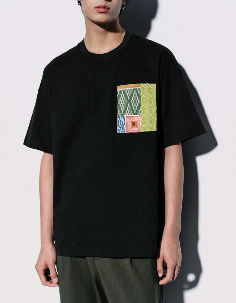 T Shirts Urban Revivo Printed Droit Homme Noir | KEF6961FF