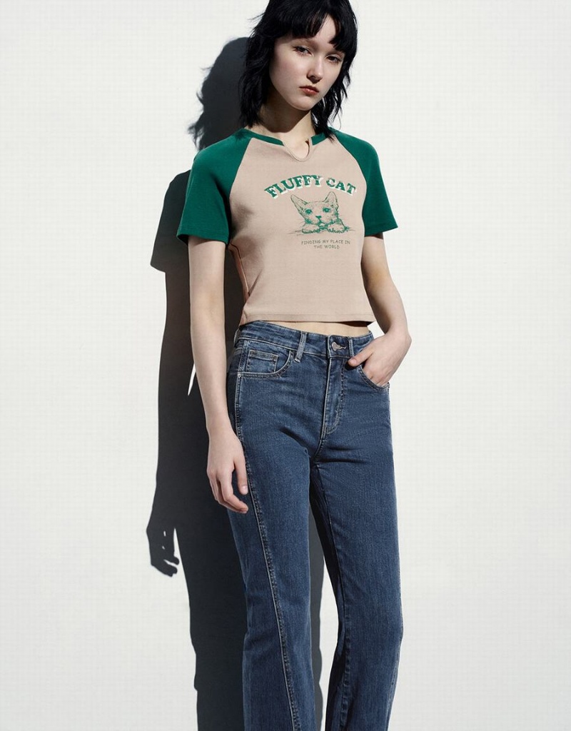 T Shirts Urban Revivo Printed Raglan Sleeve Mince Femme Kaki Grise | OZM7130HO