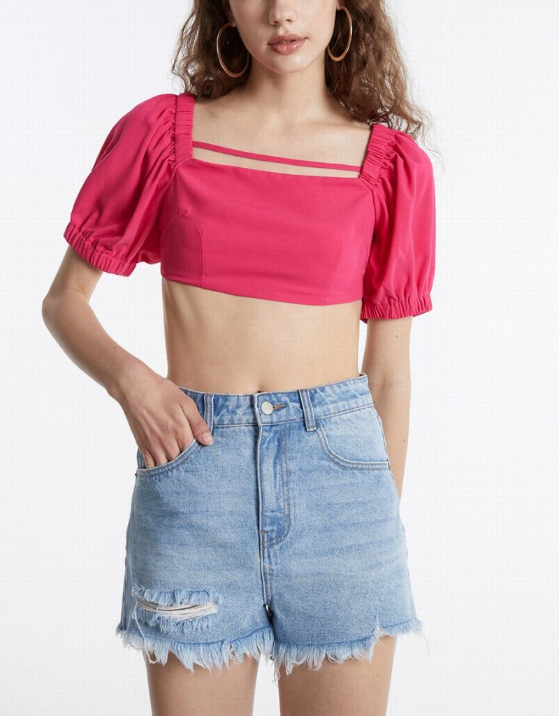 T Shirts Urban Revivo Puff Sleeve Crop Top Femme Rouge | HOB8323GS