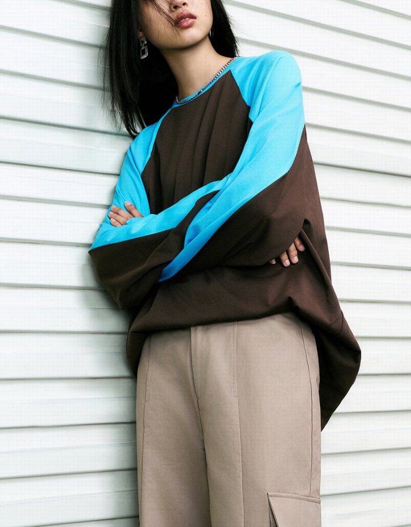 T Shirts Urban Revivo Raglan Sleeve Crew Neck Loose Femme Marron | MQO2384KQ
