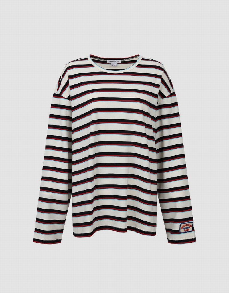 T Shirts Urban Revivo Rayé Crew Neck Femme Bleu | BEN9248RA