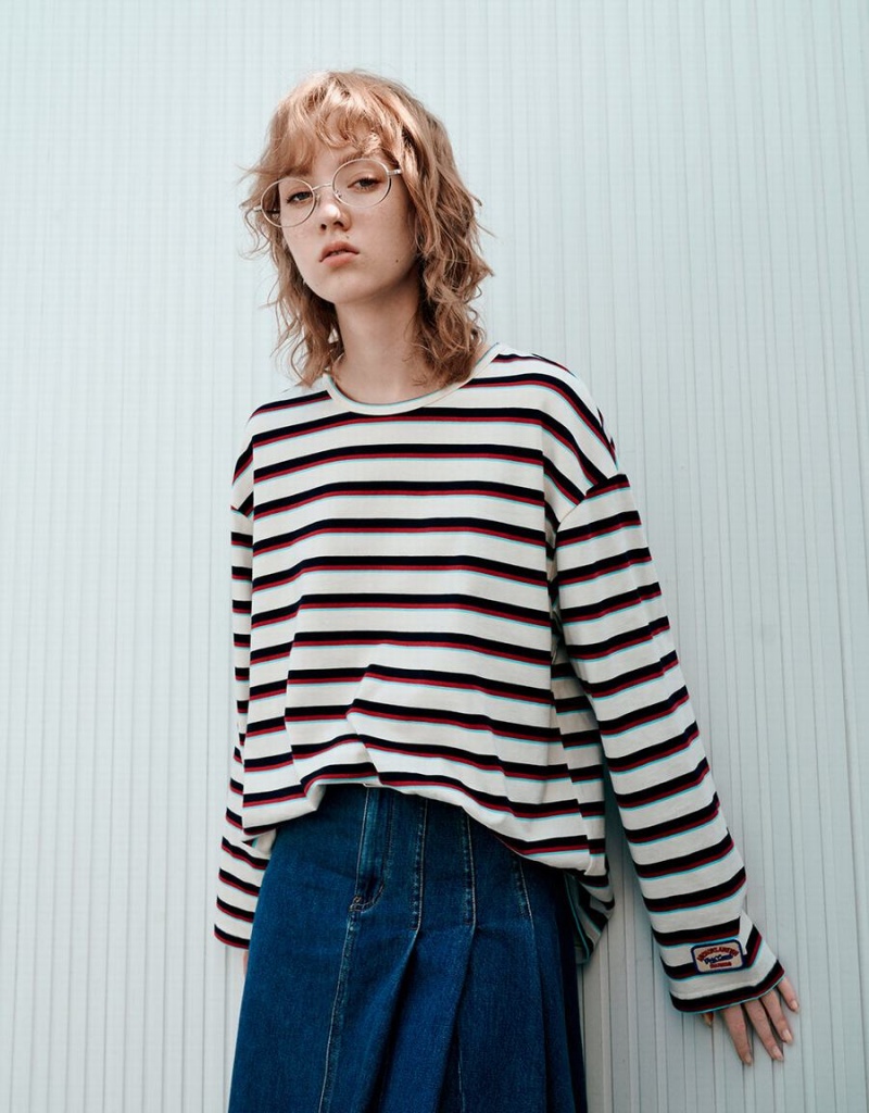 T Shirts Urban Revivo Rayé Crew Neck Femme Bleu | BEN9248RA
