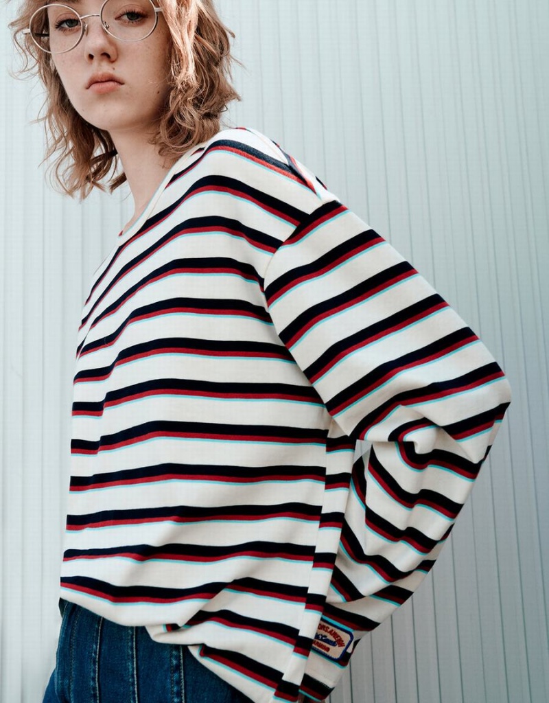 T Shirts Urban Revivo Rayé Crew Neck Femme Bleu | BEN9248RA