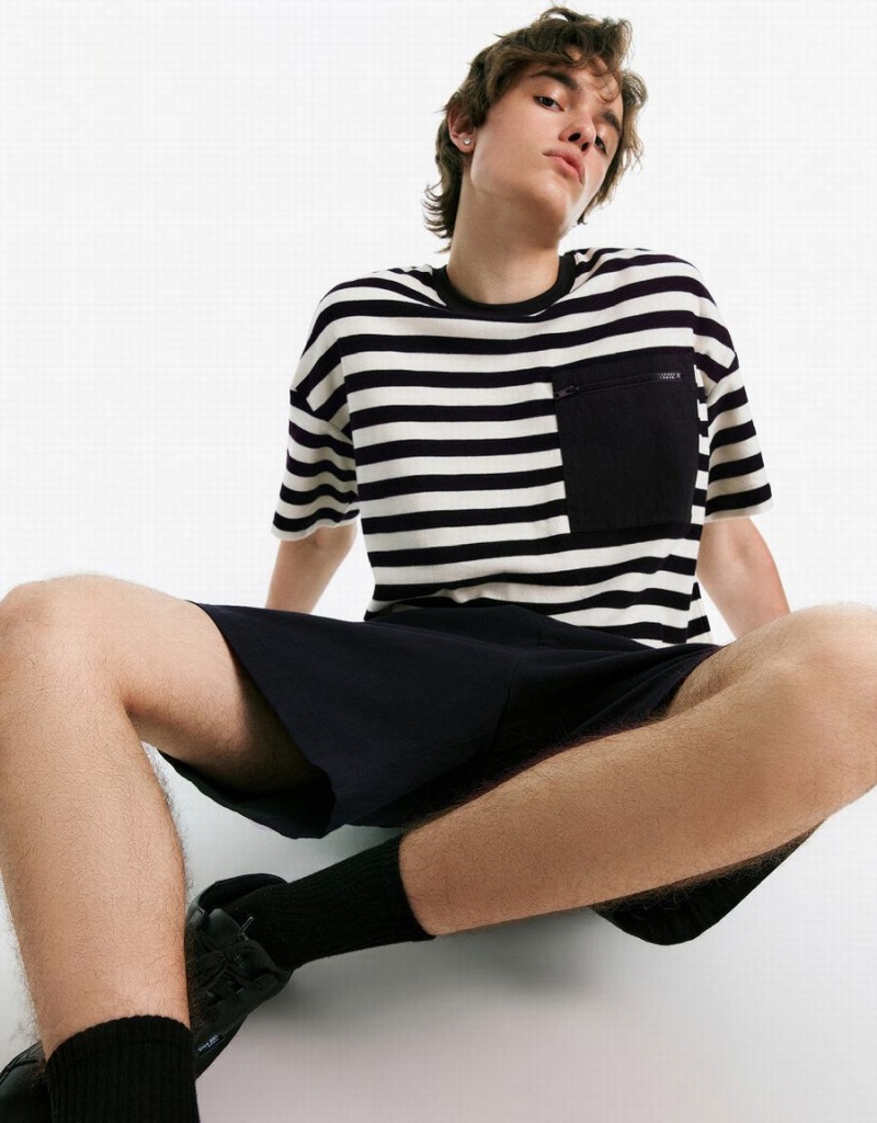 T Shirts Urban Revivo Rayé Crew Neck Homme Noir | KIV6870CC
