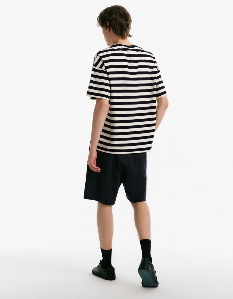 T Shirts Urban Revivo Rayé Crew Neck Homme Noir | KIV6870CC