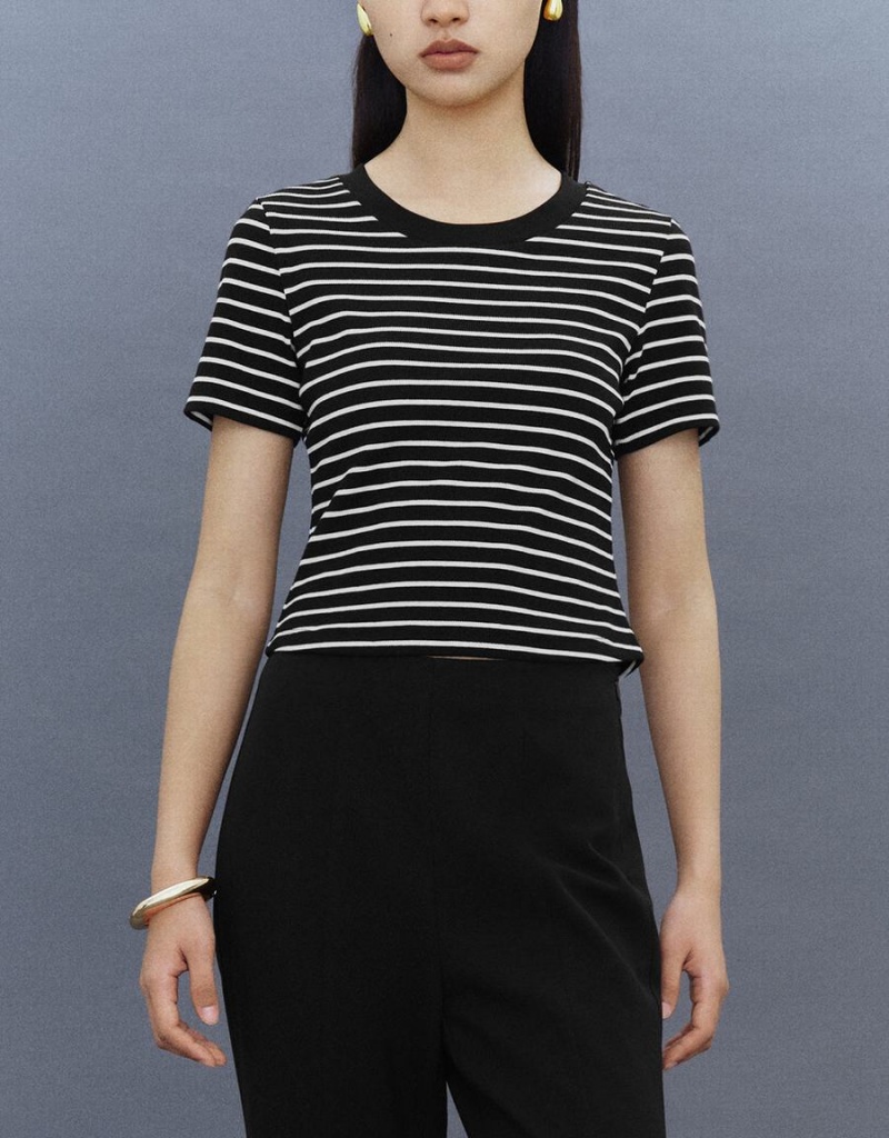 T Shirts Urban Revivo Rayé Crew Neck Mince Femme Noir | RIN9016ES