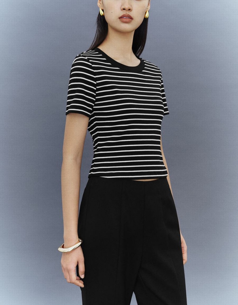 T Shirts Urban Revivo Rayé Crew Neck Mince Femme Noir | RIN9016ES