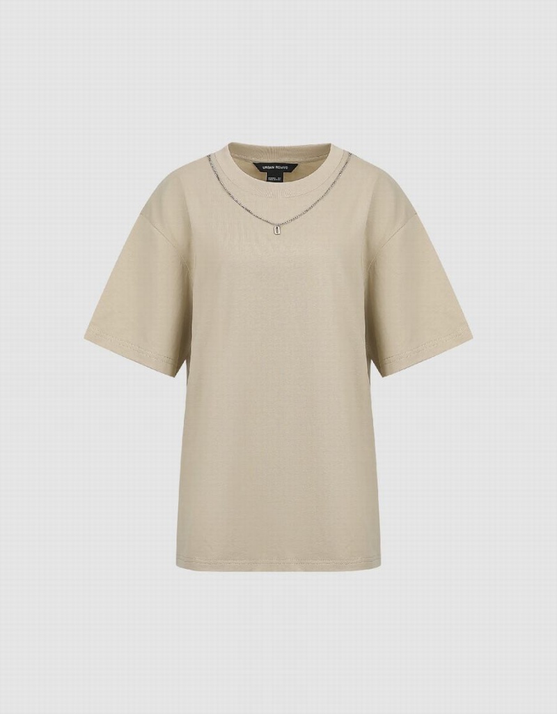 T Shirts Urban Revivo Regular With Necklace Femme Kaki | URU409NJ