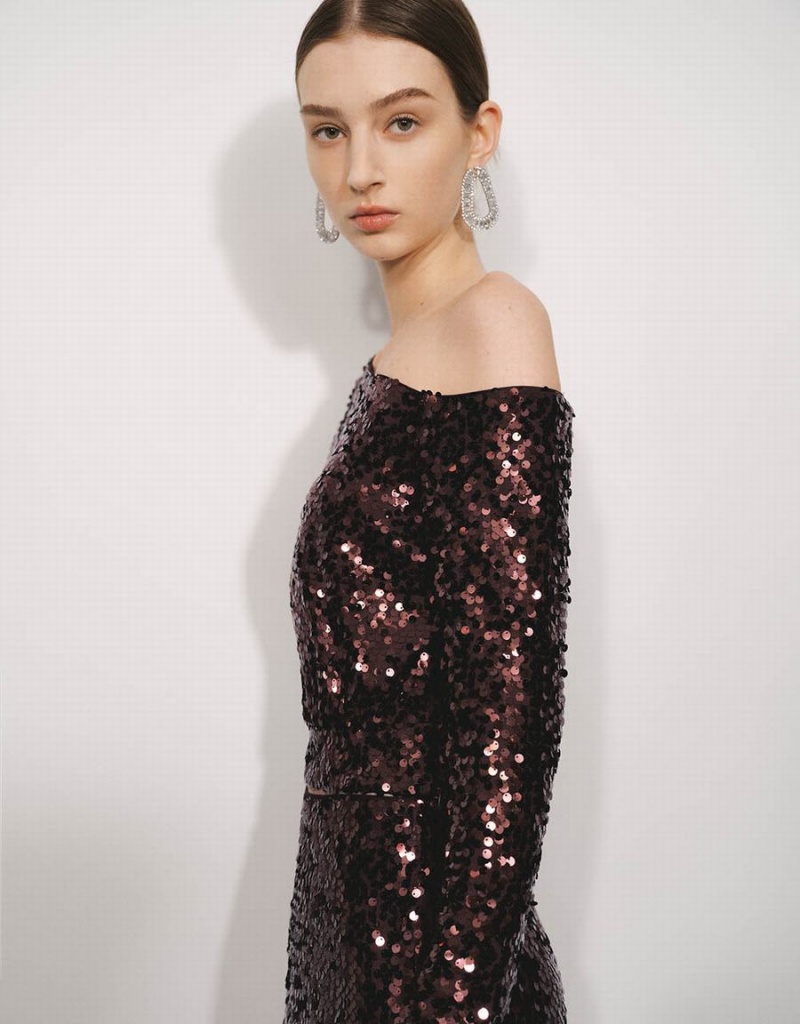 T Shirts Urban Revivo Sequins One Shoulder Droit Femme Violette | FAS294GV