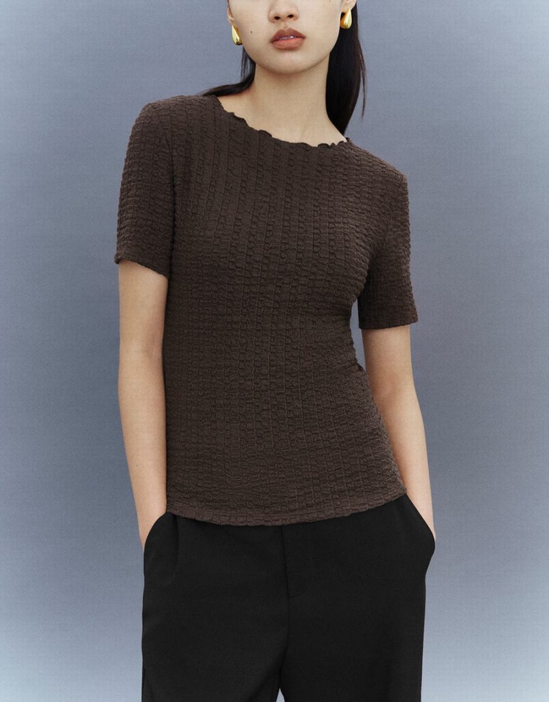 T Shirts Urban Revivo Shirred Crew Neck Mince Femme Marron | SZG1659XF