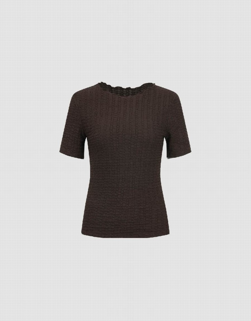 T Shirts Urban Revivo Shirred Crew Neck Mince Femme Marron | SZG1659XF