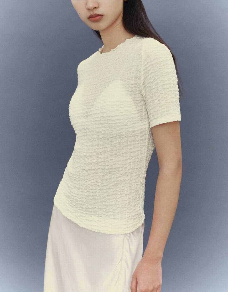 T Shirts Urban Revivo Shirred Crew Neck Mince Femme Blanche | WYR7522PP