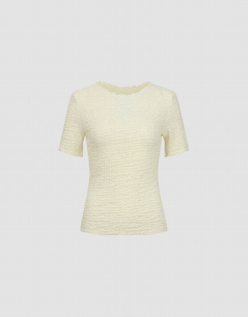 T Shirts Urban Revivo Shirred Crew Neck Mince Femme Blanche | WYR7522PP