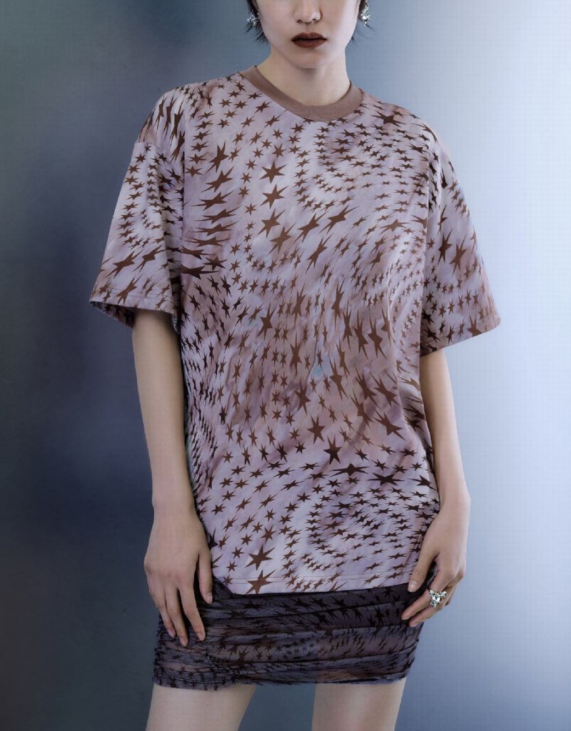 T Shirts Urban Revivo Star Printed Crew Neck Loose Femme Marron | JDL9837EX