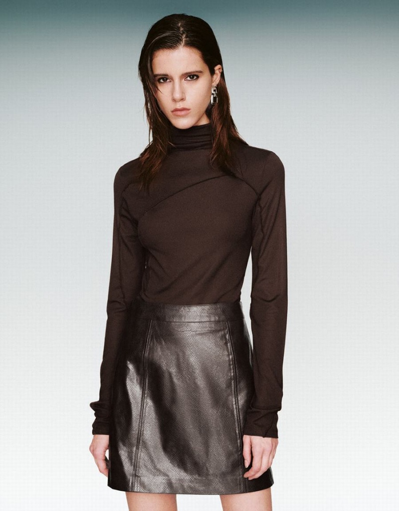 T Shirts Urban Revivo Turtle Neck Mince Femme Marron | AOA1657CU