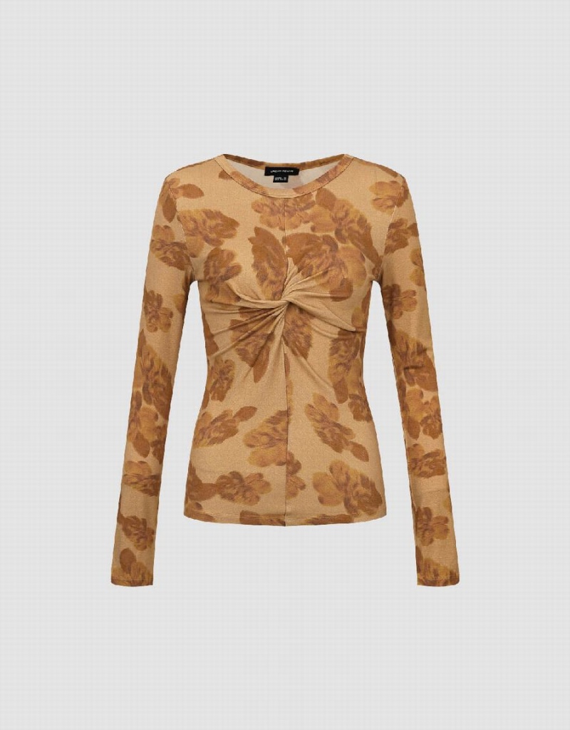 T Shirts Urban Revivo Twist Front Printed Mince Femme Marron | NTV4786KQ