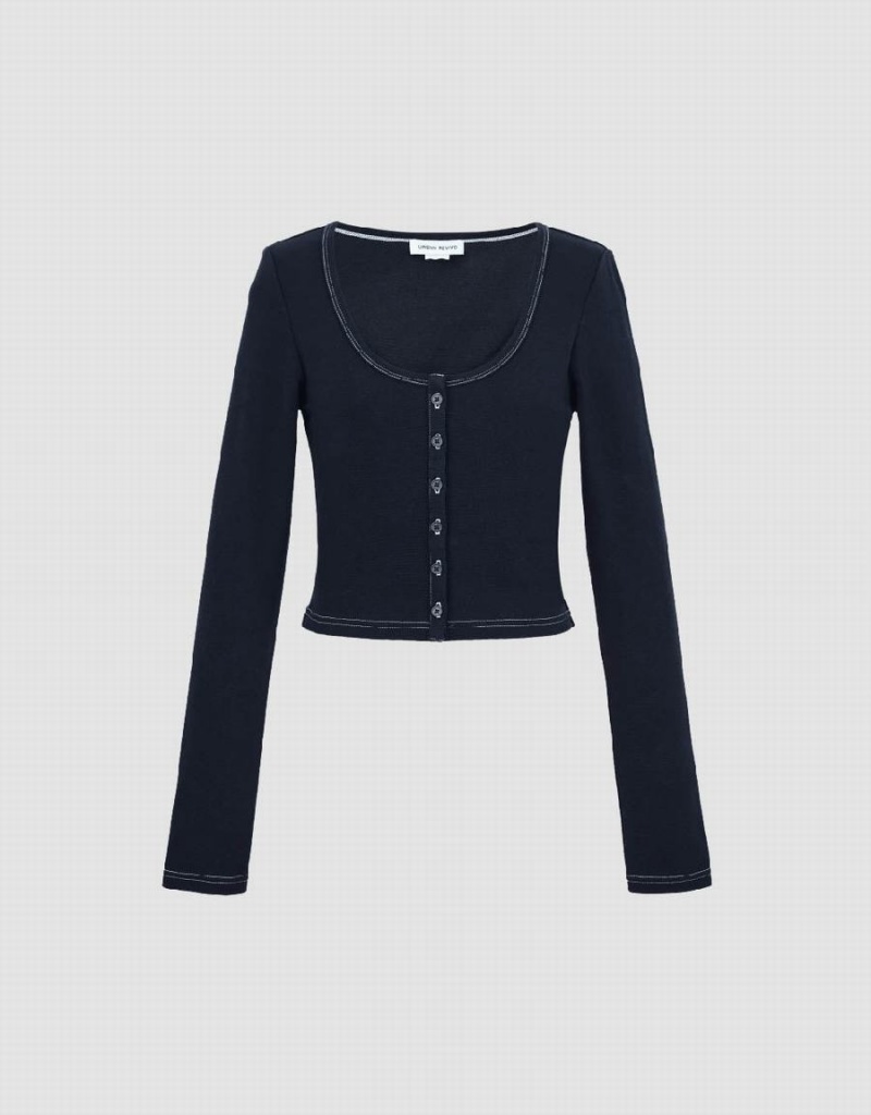 T Shirts Urban Revivo U Neck Mince Femme Bleu | GMO3494ZD