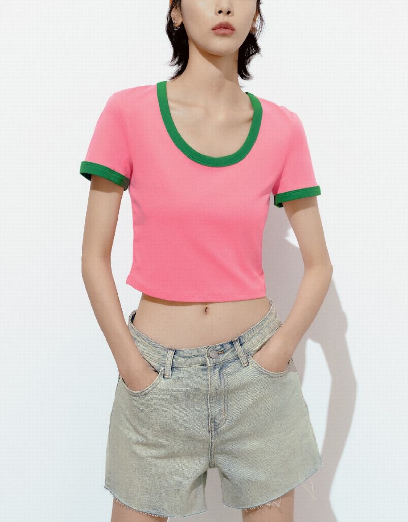 T Shirts Urban Revivo U Neck Mince Femme Rose | IPY5964ZB