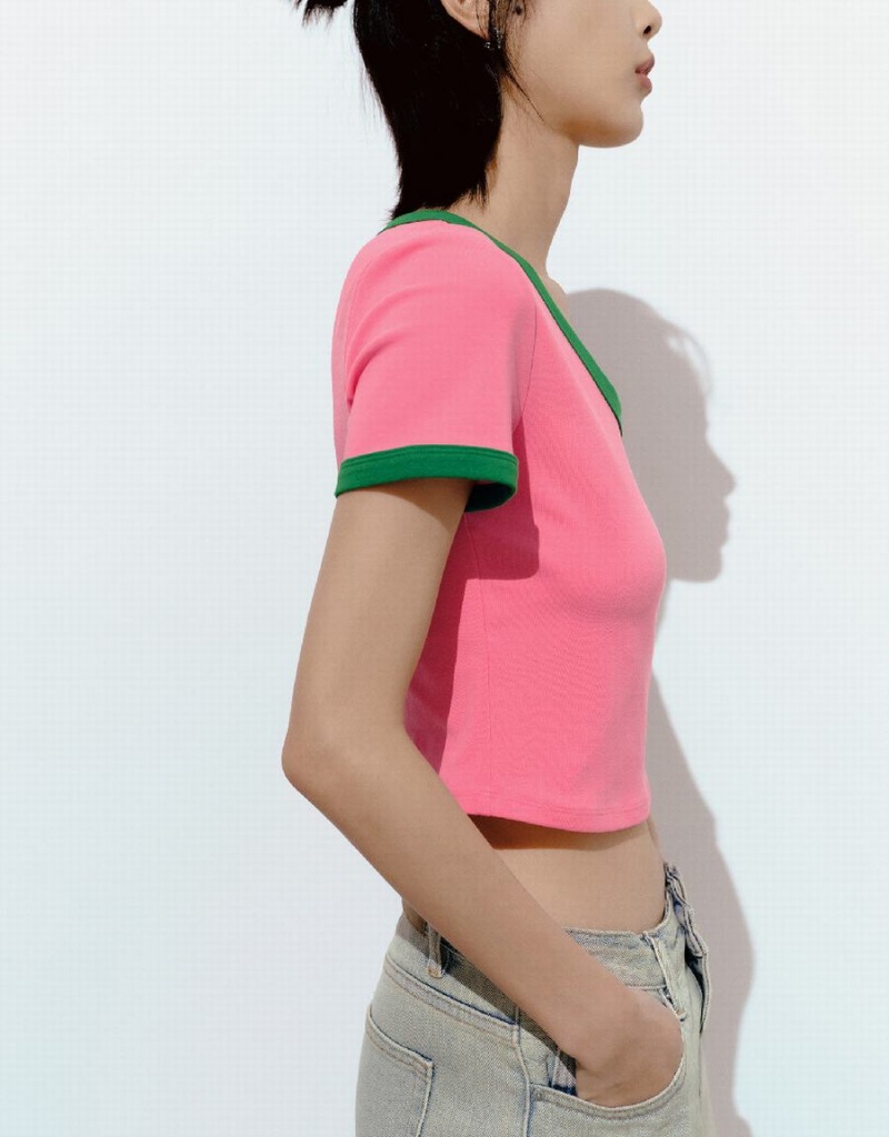 T Shirts Urban Revivo U Neck Mince Femme Rose | IPY5964ZB