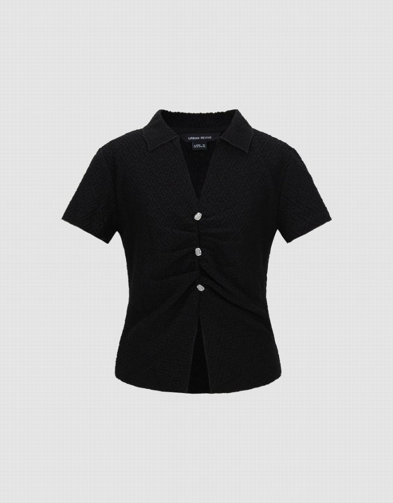 T Shirts Urban Revivo V-Neck Mince Femme Noir | OML6068VU