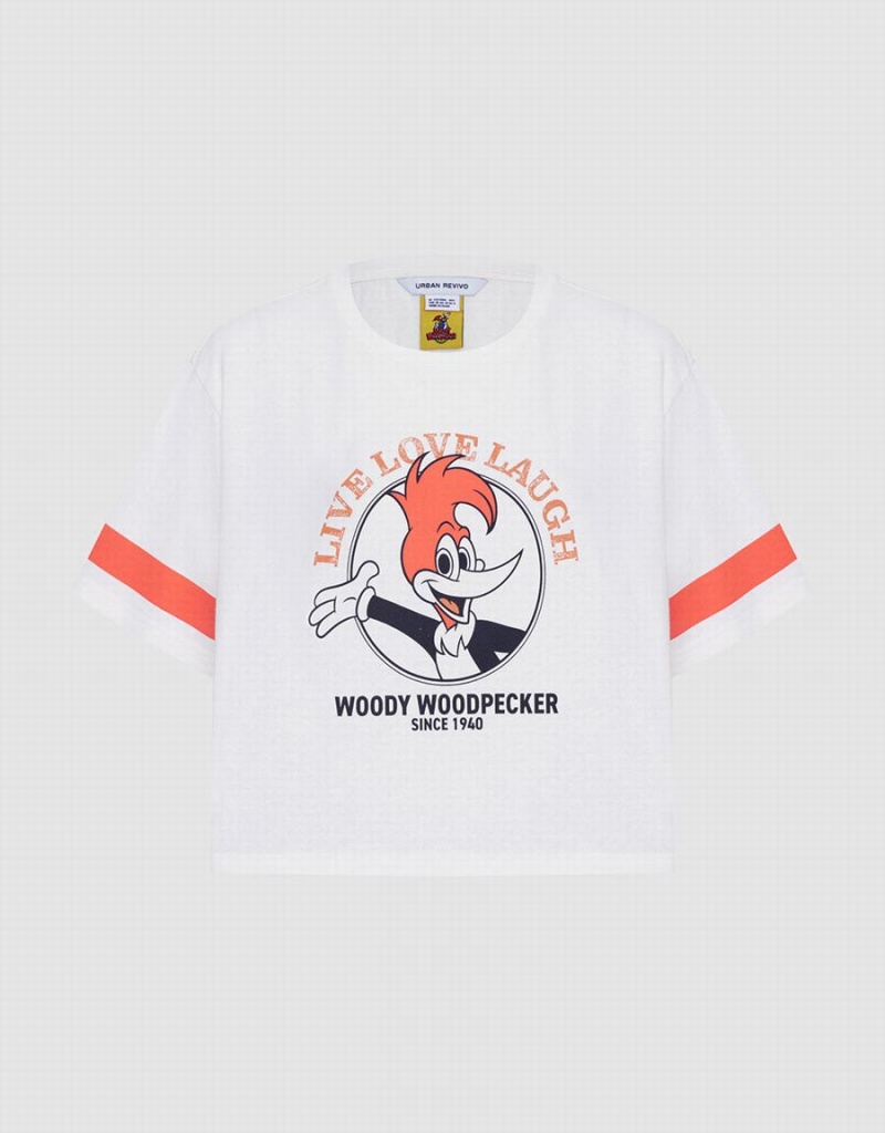 T Shirts Urban Revivo Woody Woodpecker Crop Femme Rose Blanche | GCZ6383IB