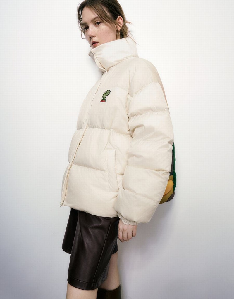 Veste Puffer Urban Revivo Cactus Embossed Stand Collar Femme Blanche | GRT2260QB