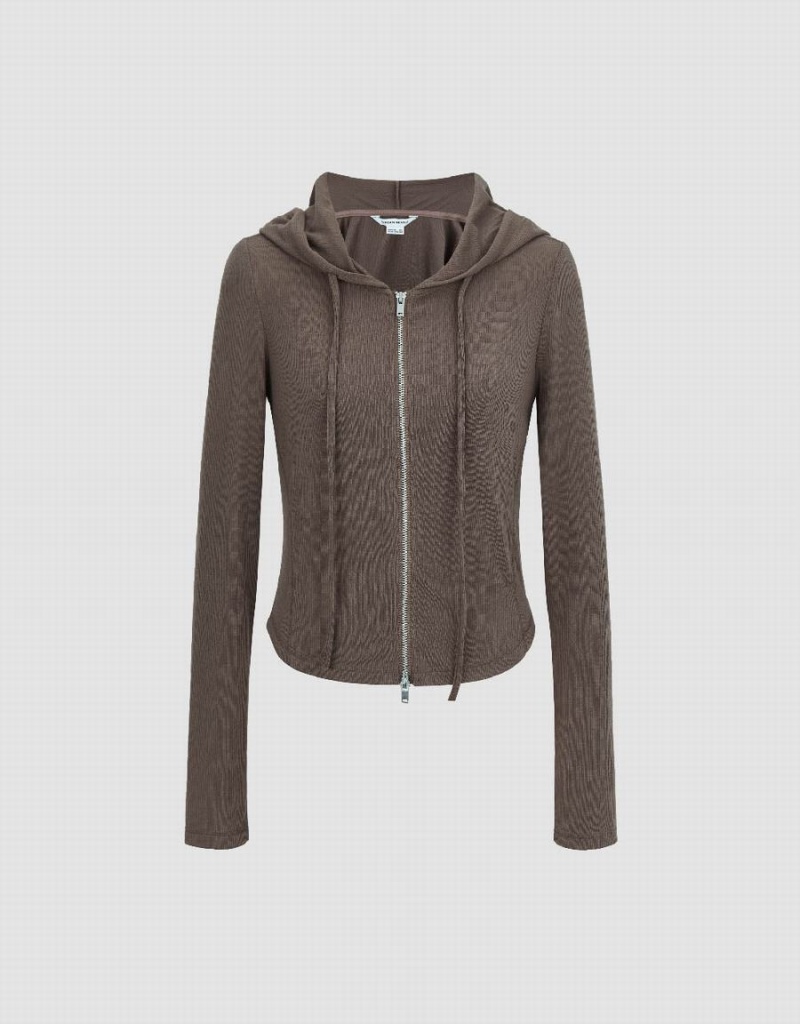 Veste À Capuche Urban Revivo Zippé Front Mince Femme Marron Foncé | GMC9640YW