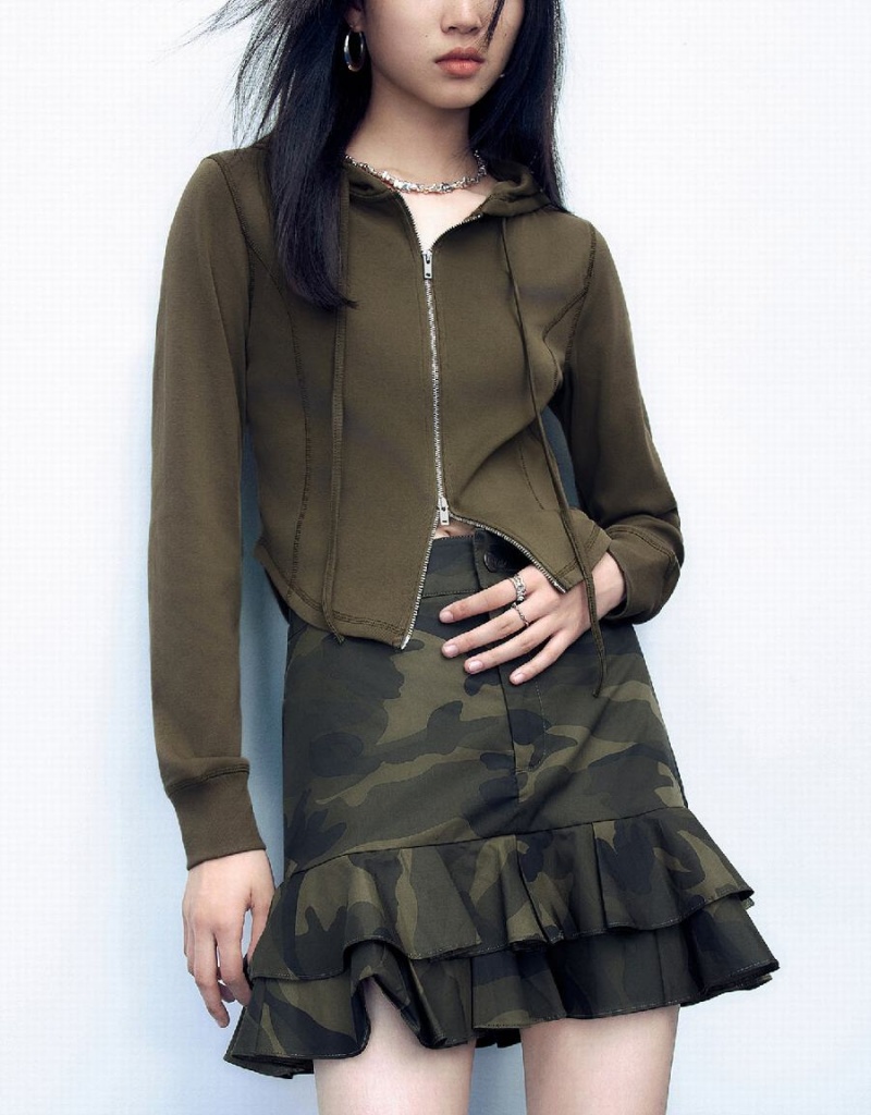Veste À Capuche Urban Revivo Zippé Front Mince Tricoté Femme Vert | HHJ3061KG